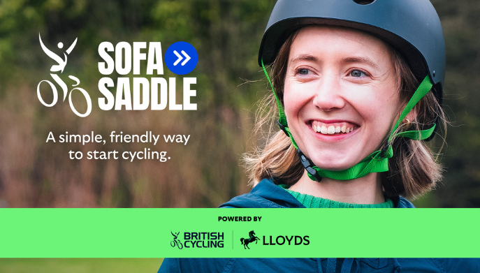 A girl wearing a cycling helmet smiling at the camera. Text reads: Soafa to Saddle and includes British Cycling and Lloyds logo